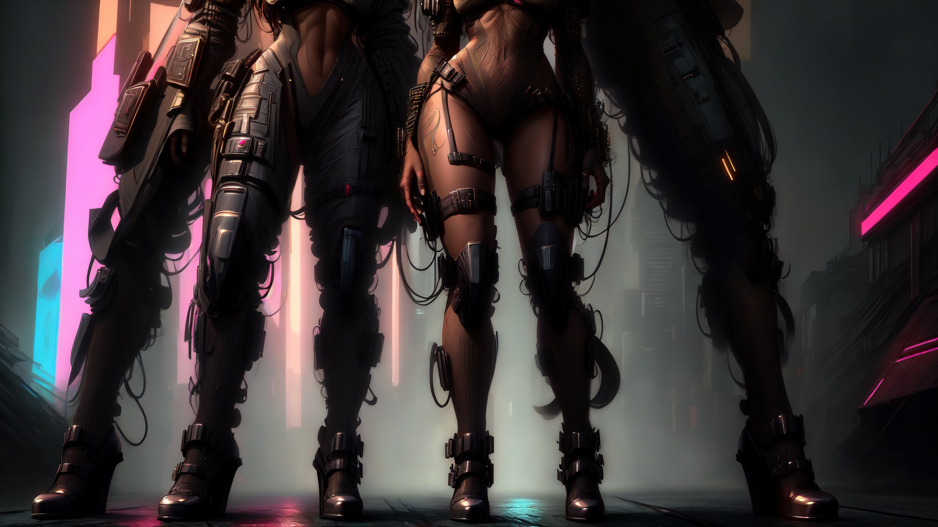 AI generated wallpaper featuring cyborg, leg, armor, futuristic, gears, neon, cityscape, high heels, mechanical, urban