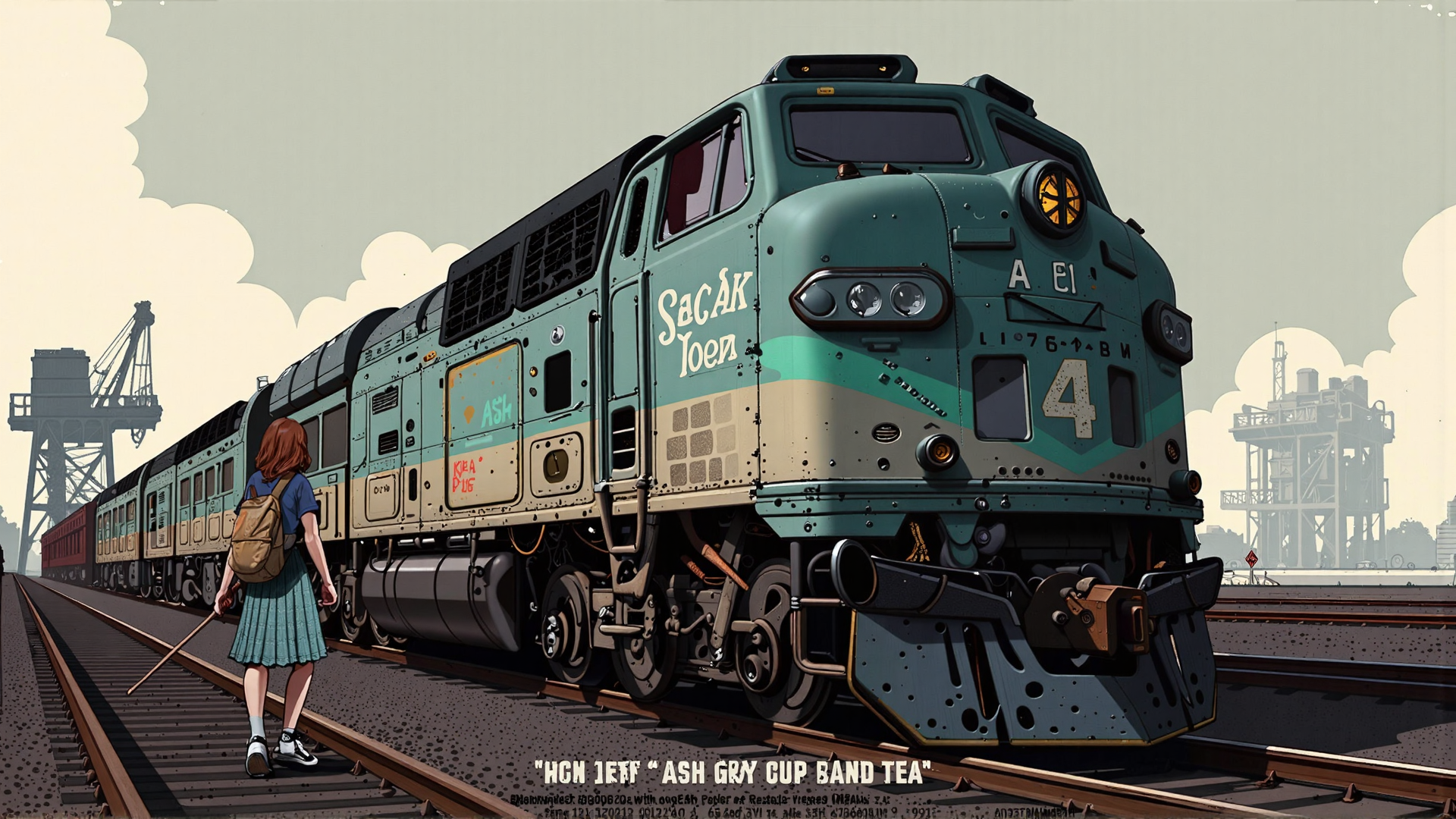 AI generated wallpaper featuring train, girl, railroad, crane, industrial, railway, track, sacak, ioen, backpack
