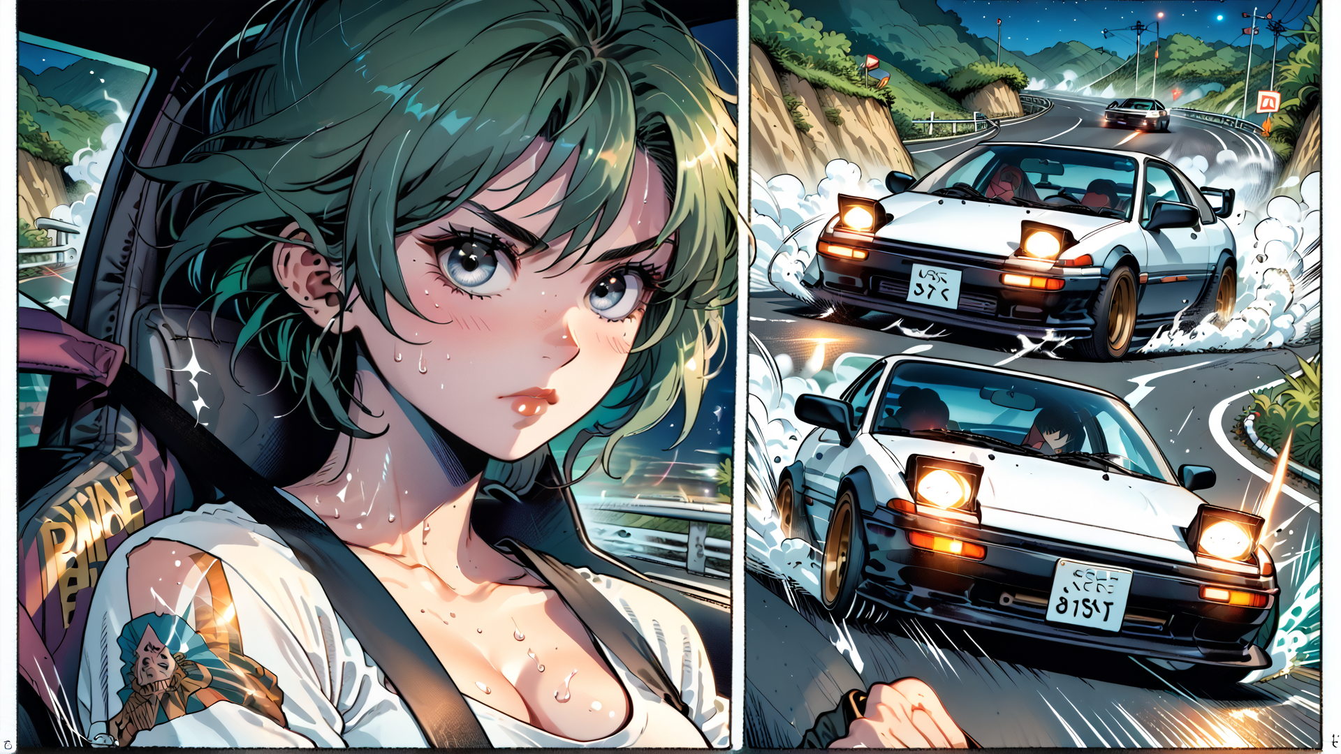 AI generated wallpaper featuring car, woman, driver, road, drifting, nissan, race, sweat, license plate, wet