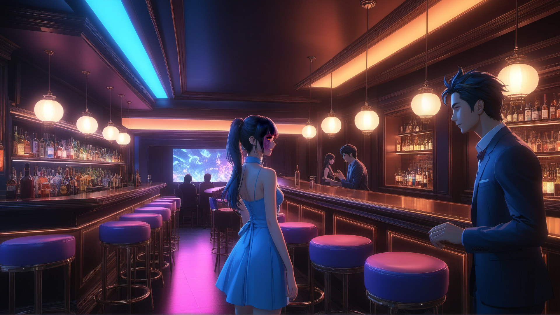 AI generated wallpaper featuring woman, man, bar