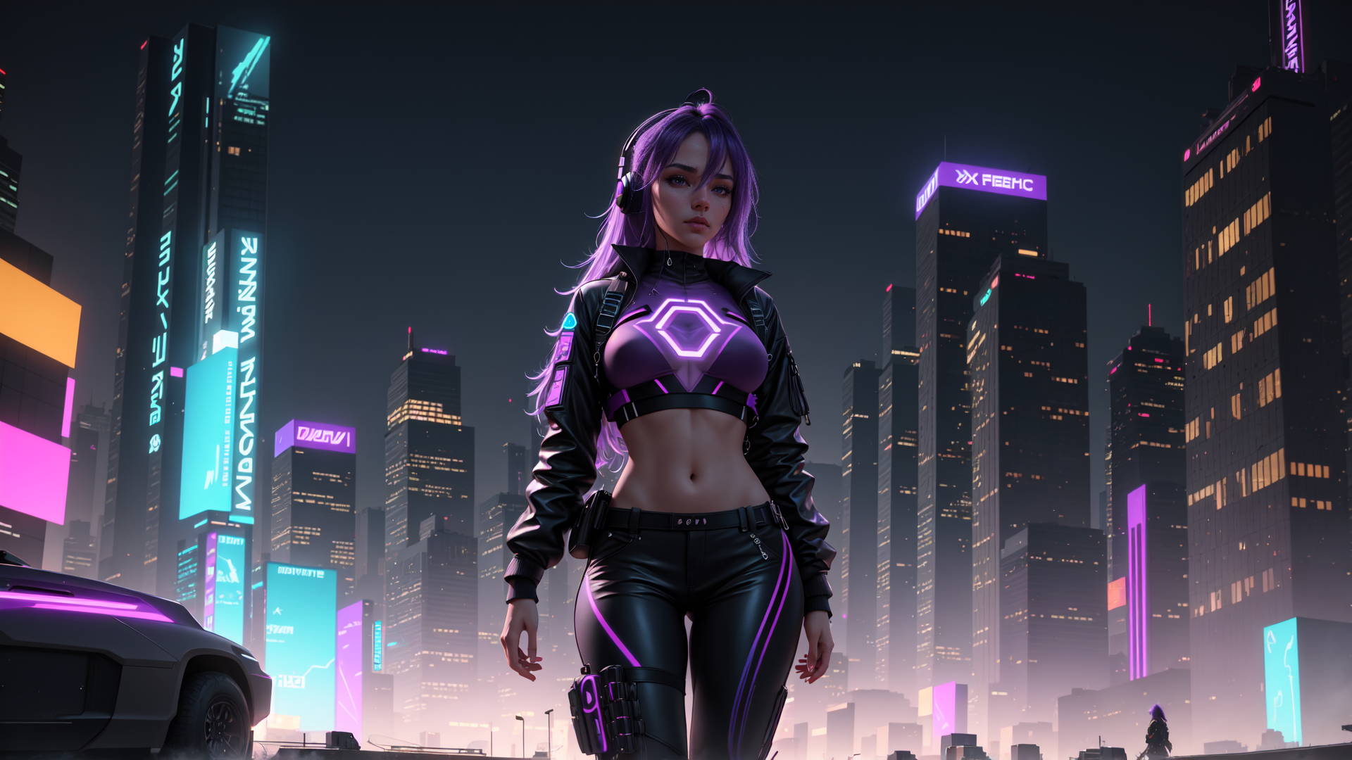 AI generated wallpaper featuring cyberpunk woman, cityscape, futuristic car