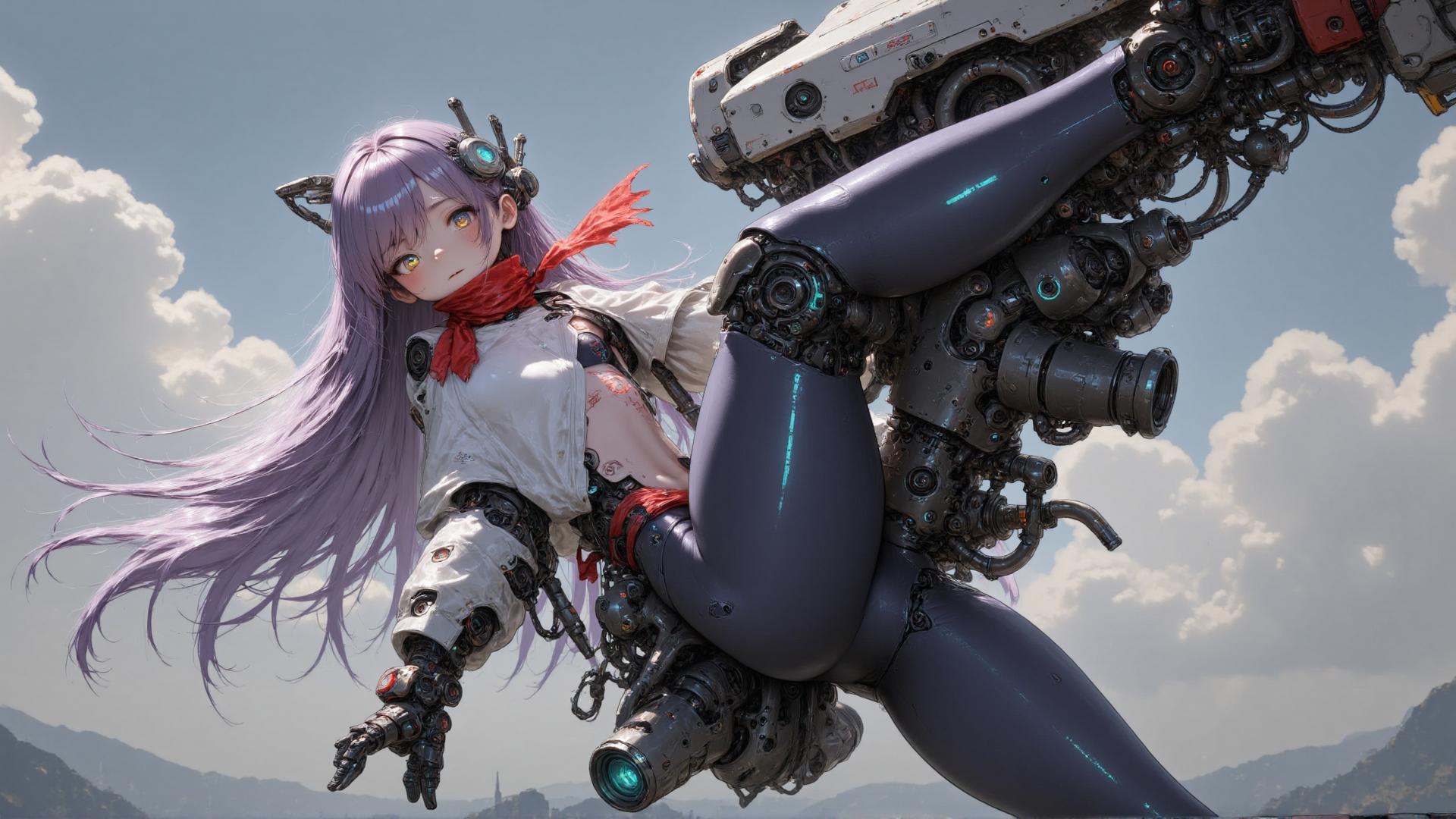 AI generated wallpaper featuring cyborg, mechanical leg, anime girl, robot, girl, mechanism