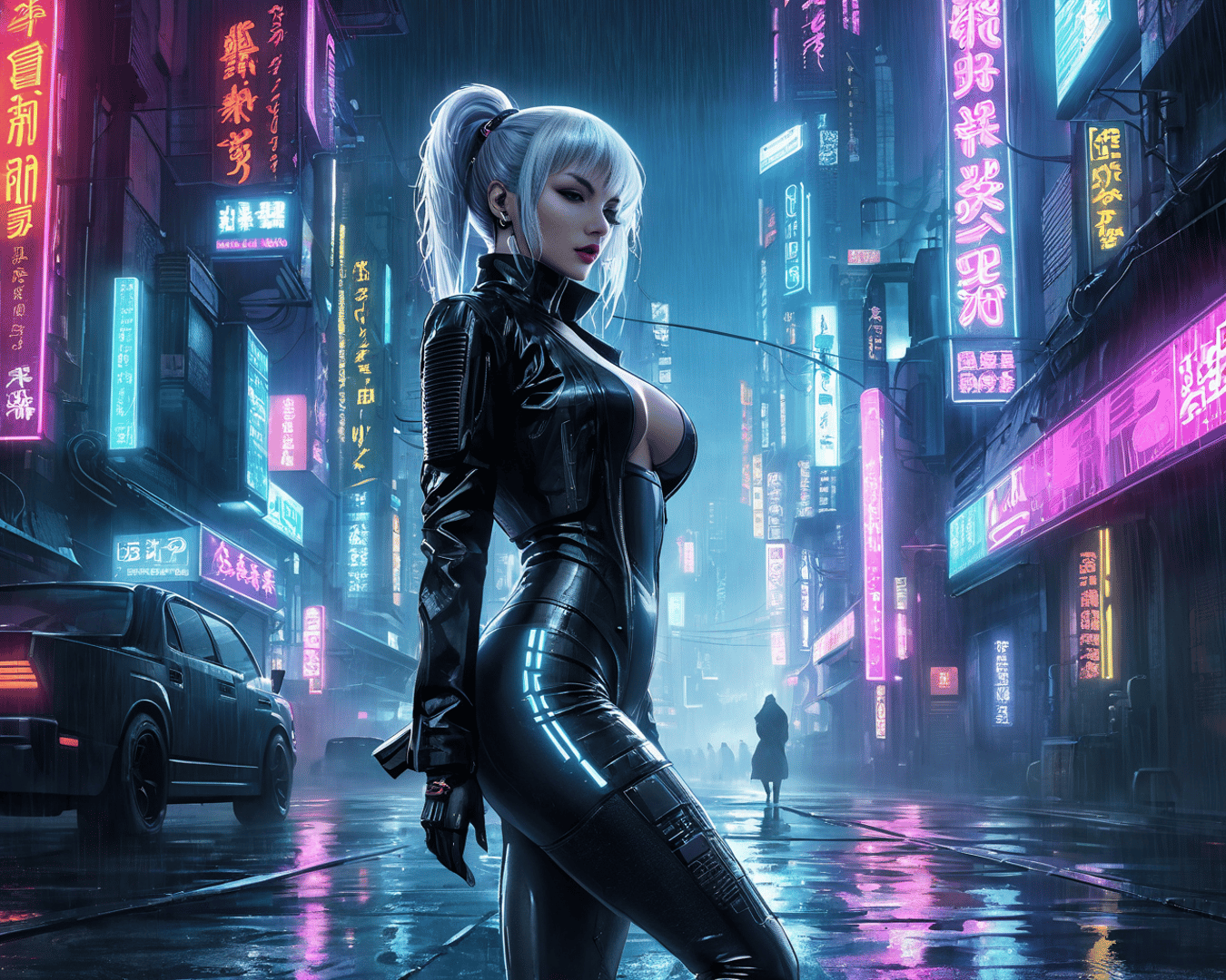 AI generated wallpaper featuring cyberpunk woman, neon city