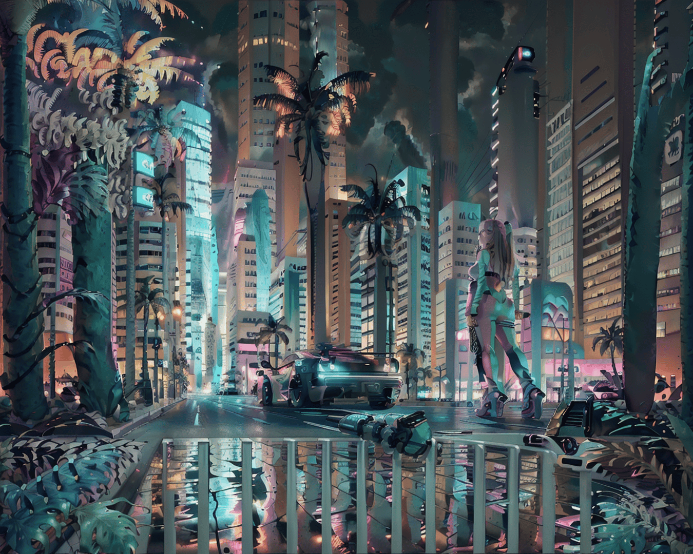 AI generated wallpaper featuring cyberpunk girl, futuristic city, neon car
