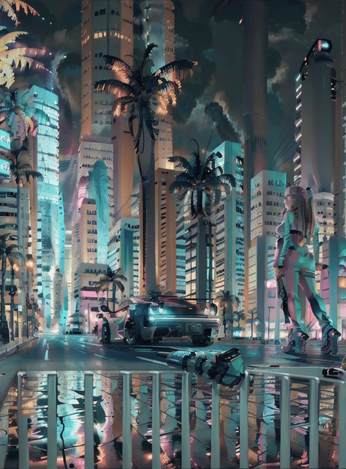 cyberpunk girl, futuristic city, neon car