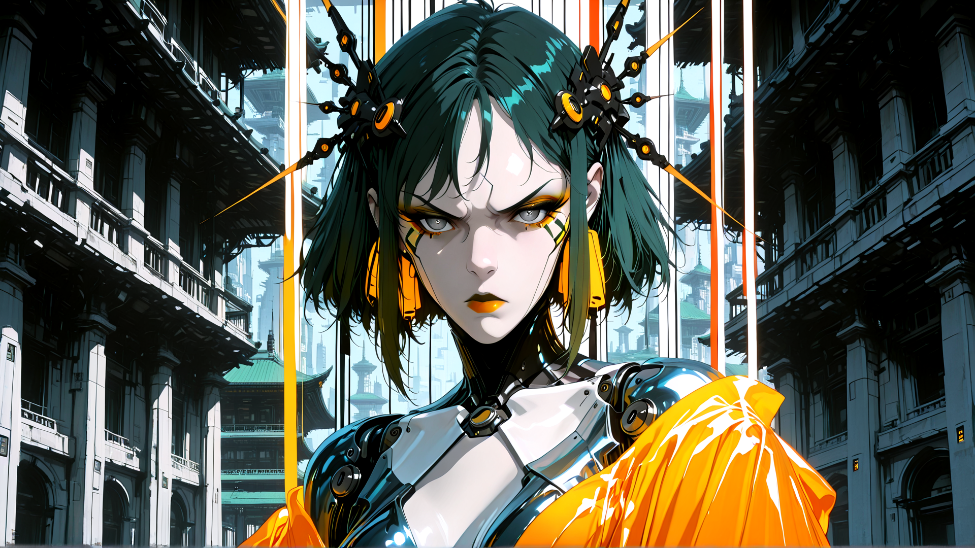 AI generated wallpaper featuring cyborg, woman, ancient architecture, futuristic, jewelry, armor, building