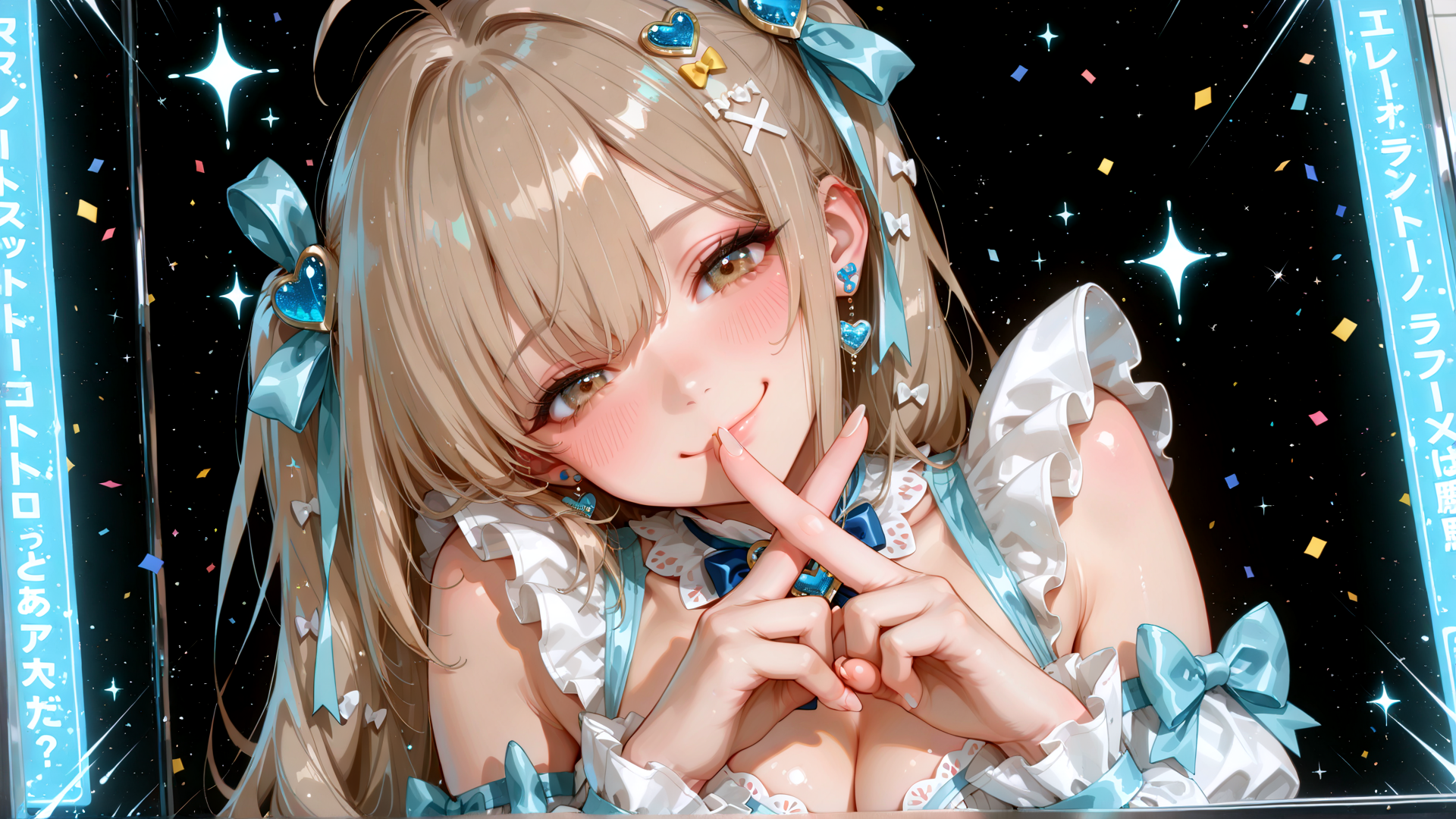 AI generated wallpaper featuring girl, bow, stars, confetti, hairpins, dress