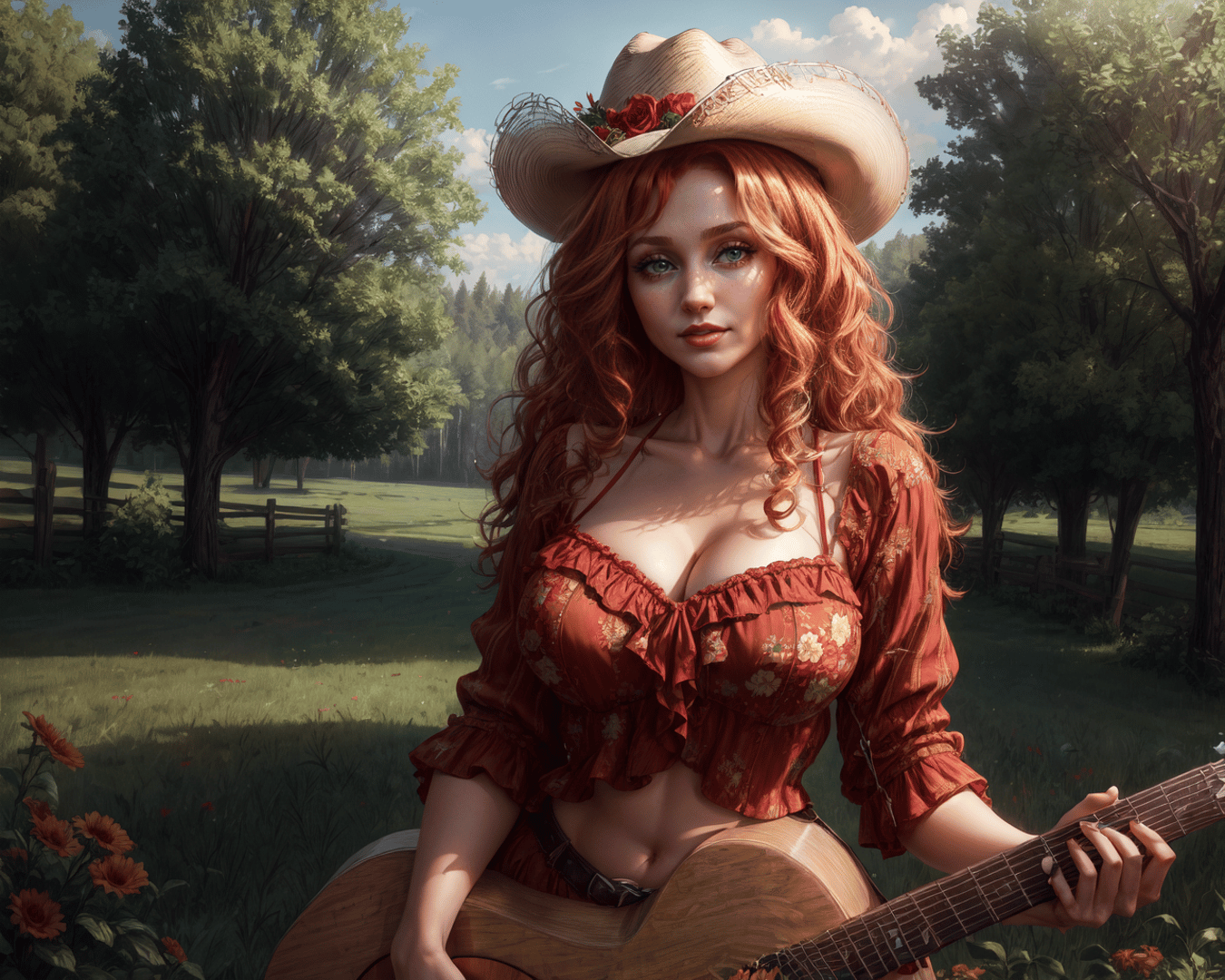 AI generated wallpaper featuring woman, cowboy hat, guitar