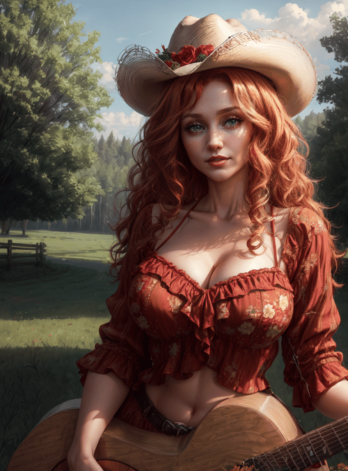 woman, cowboy hat, guitar