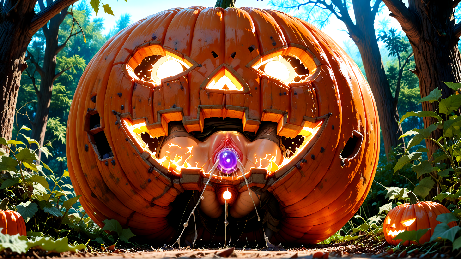 AI generated wallpaper featuring pumpkin, jack-o'-lantern, trees, leaves, purple orb, glowing eyes