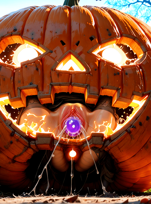 pumpkin, jack-o'-lantern, trees, leaves, purple orb, glowing eyes