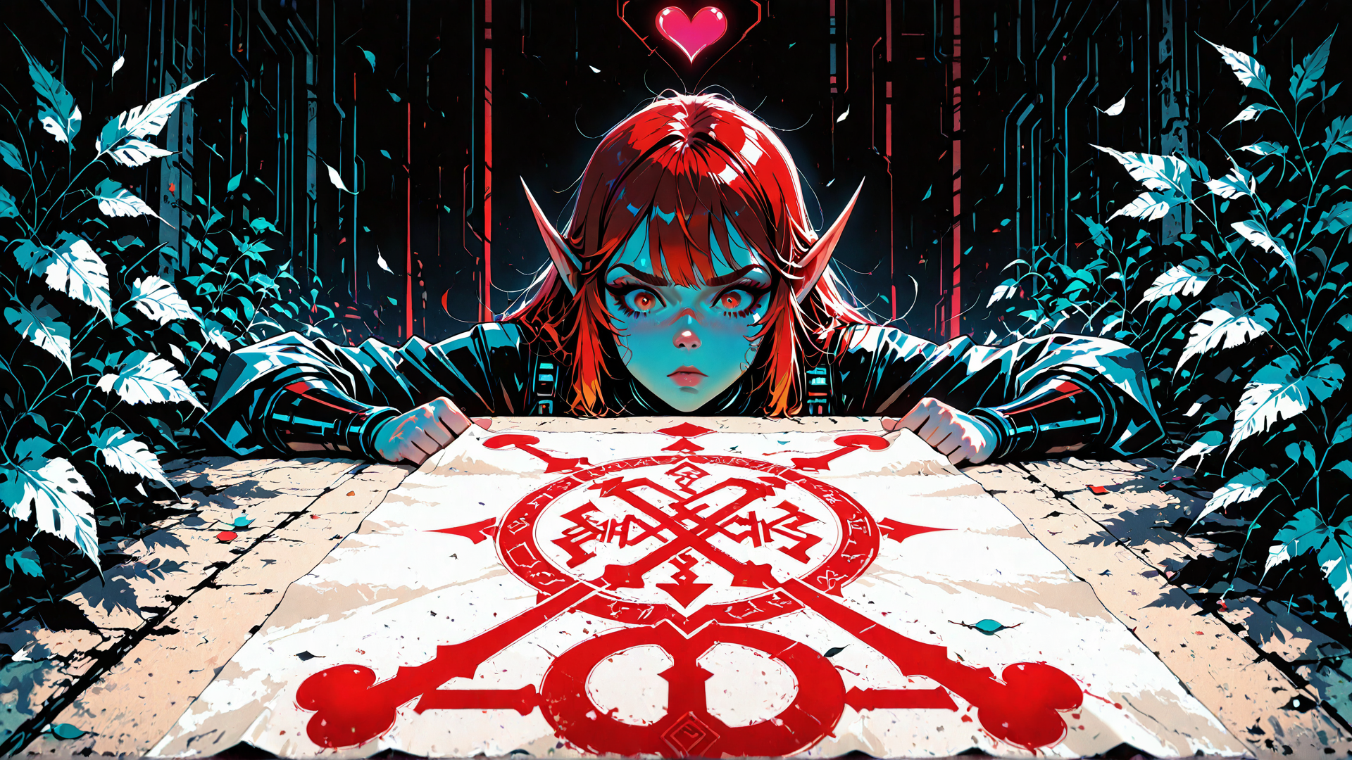 AI generated wallpaper featuring elf, heart, scroll, plants, technology