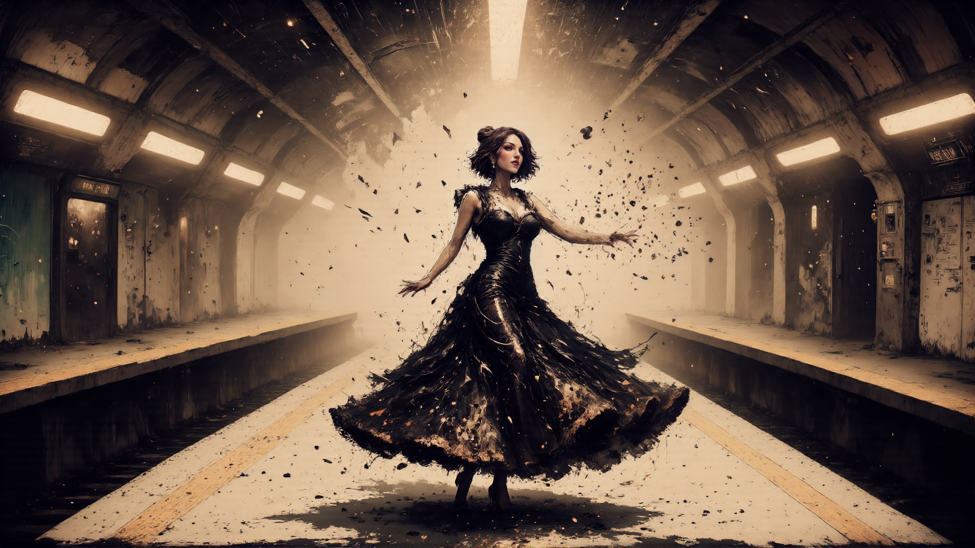 AI generated wallpaper featuring woman, dress, station