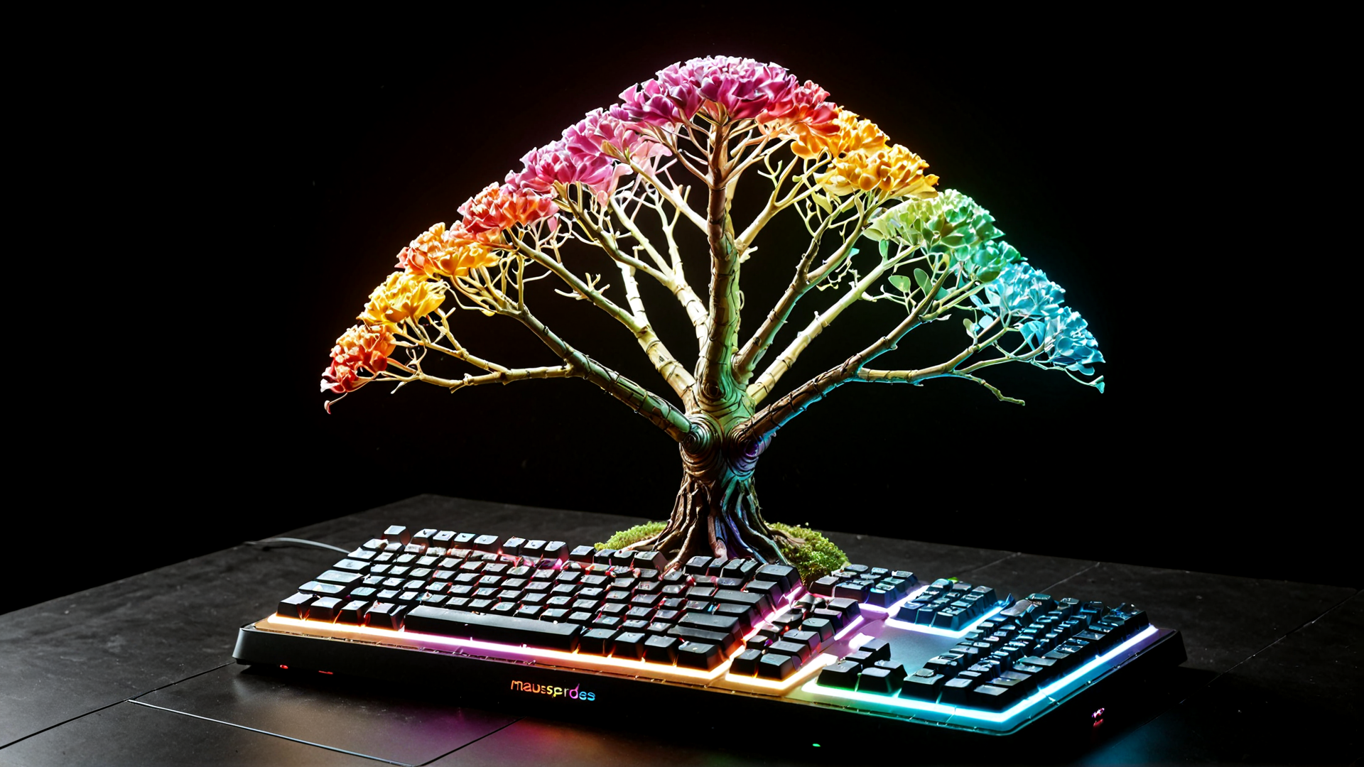 AI generated wallpaper featuring tree, keyboard, gaming, lighting, moss, flowers, rgb, bonsai, art, tech