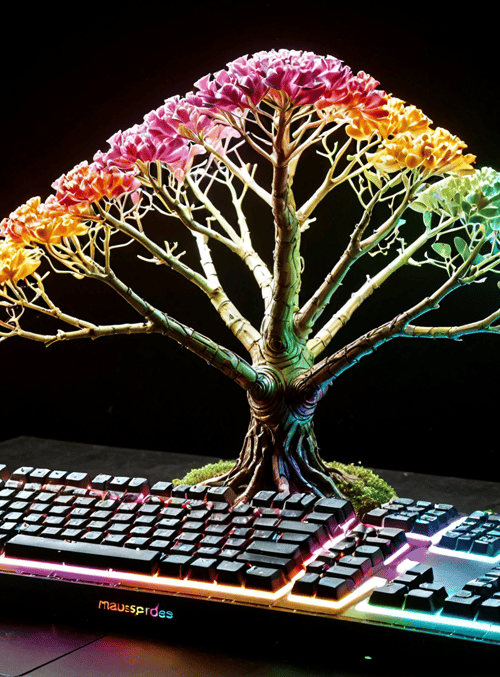 tree, keyboard, gaming, lighting, moss, flowers, rgb, bonsai, art, tech