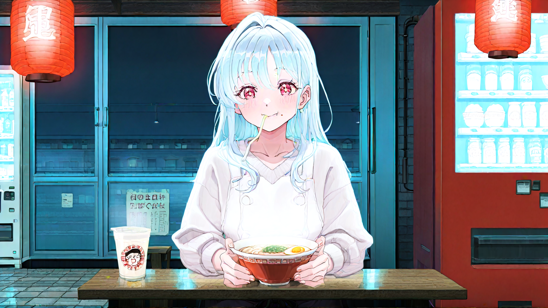AI generated wallpaper featuring girl, ramen, lantern, noodle, cup, refrigerator, restaurant, hair, face, table