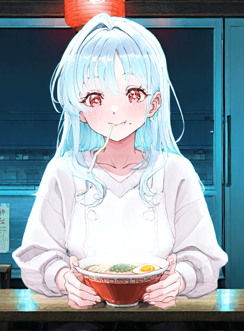 girl, ramen, lantern, noodle, cup, refrigerator, restaurant, hair, face, table