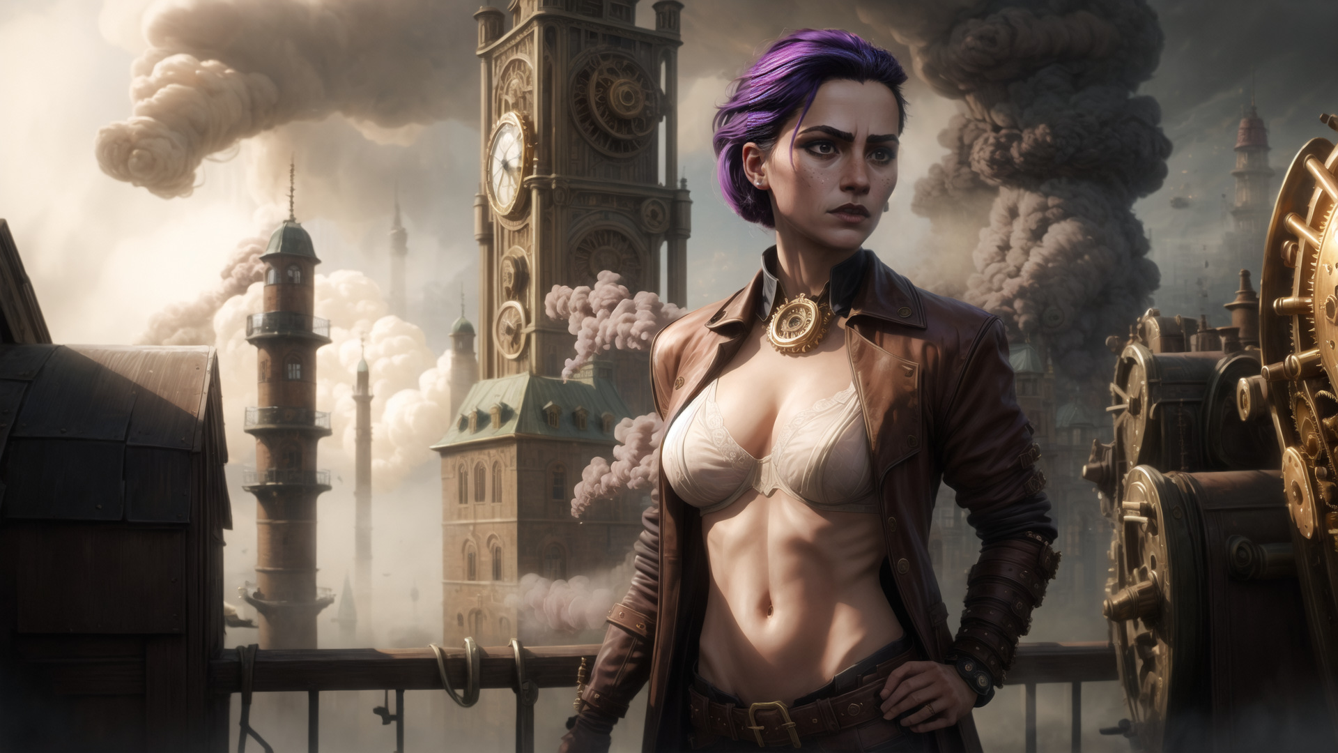 AI generated wallpaper featuring woman, steampunk, clock tower