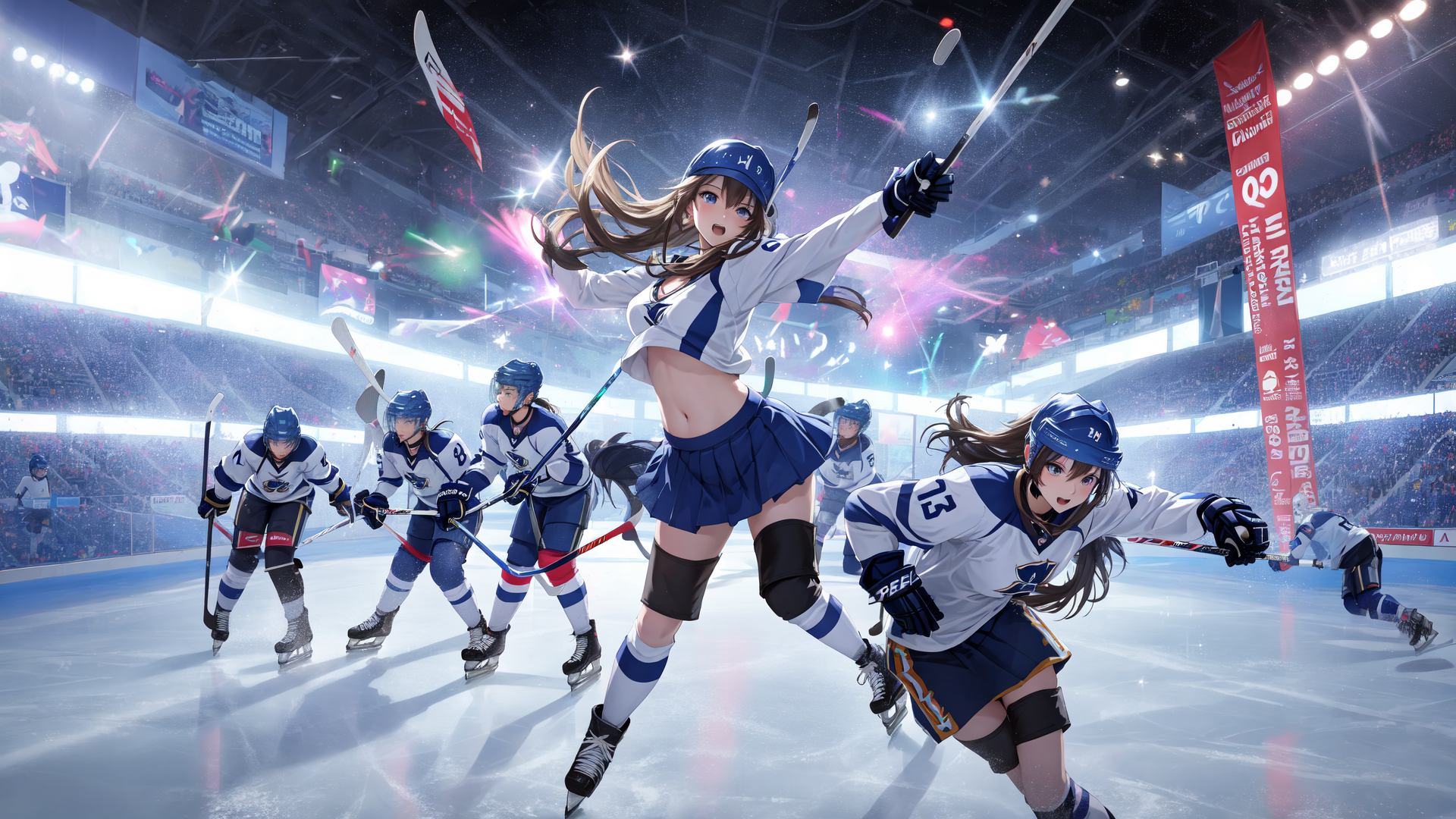 AI generated wallpaper featuring hockey, player, ice, skates, helmet, stick, uniform, cheer, crowd, arena