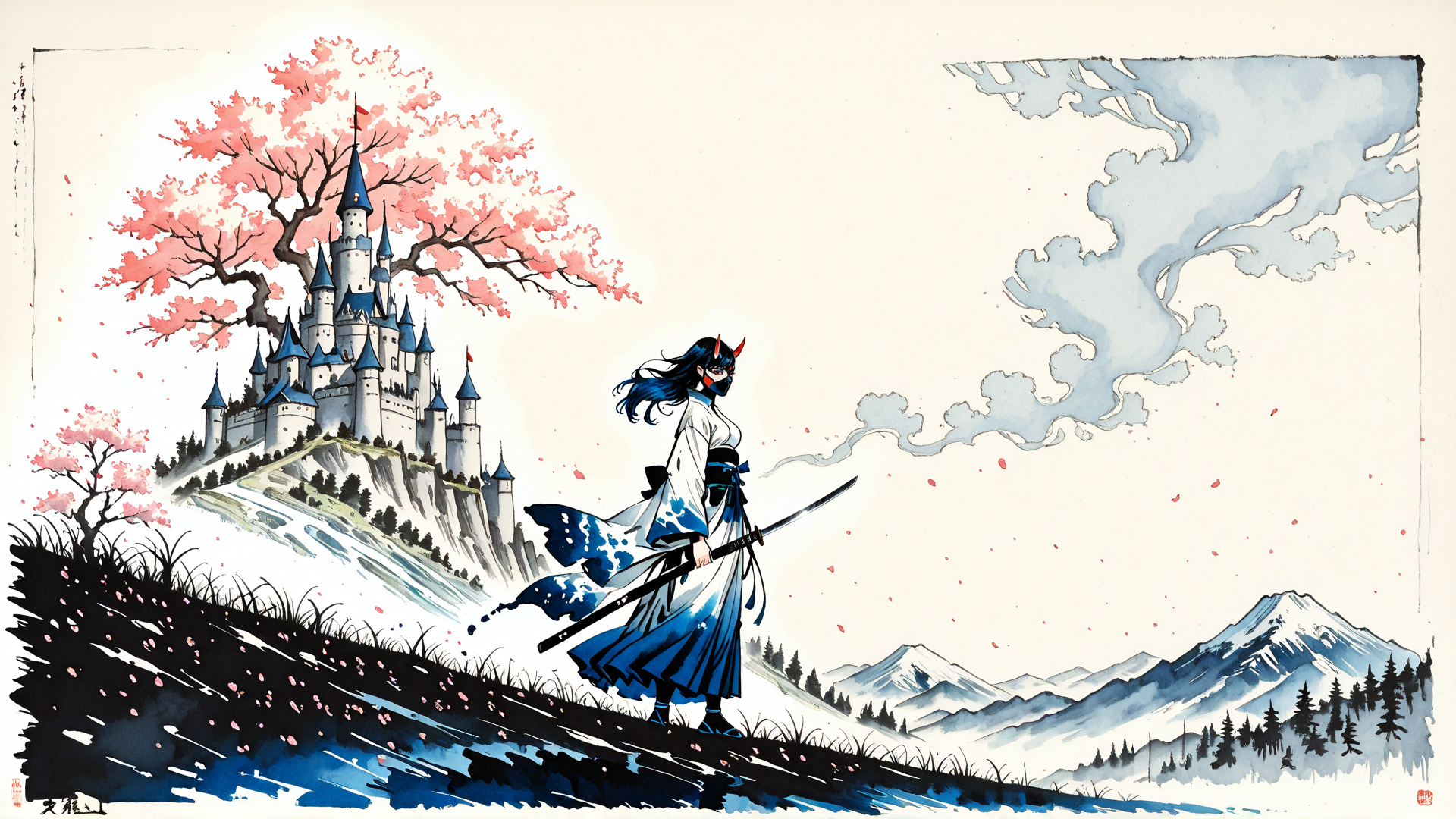 AI generated wallpaper featuring samurai, castle, cherry tree, mountain, sword, mask