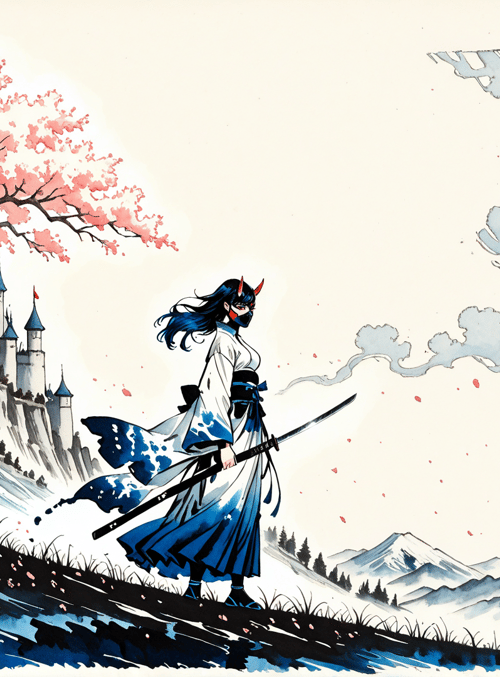samurai, castle, cherry tree, mountain, sword, mask