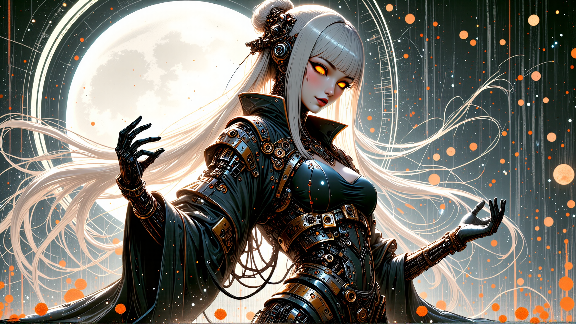 AI generated wallpaper featuring cyborg, woman, robot, gloved, long hair, mechanical, futuristic, soul, moon, orb