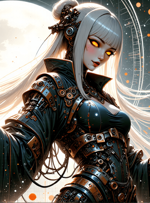 cyborg, woman, robot, gloved, long hair, mechanical, futuristic, soul, moon, orb