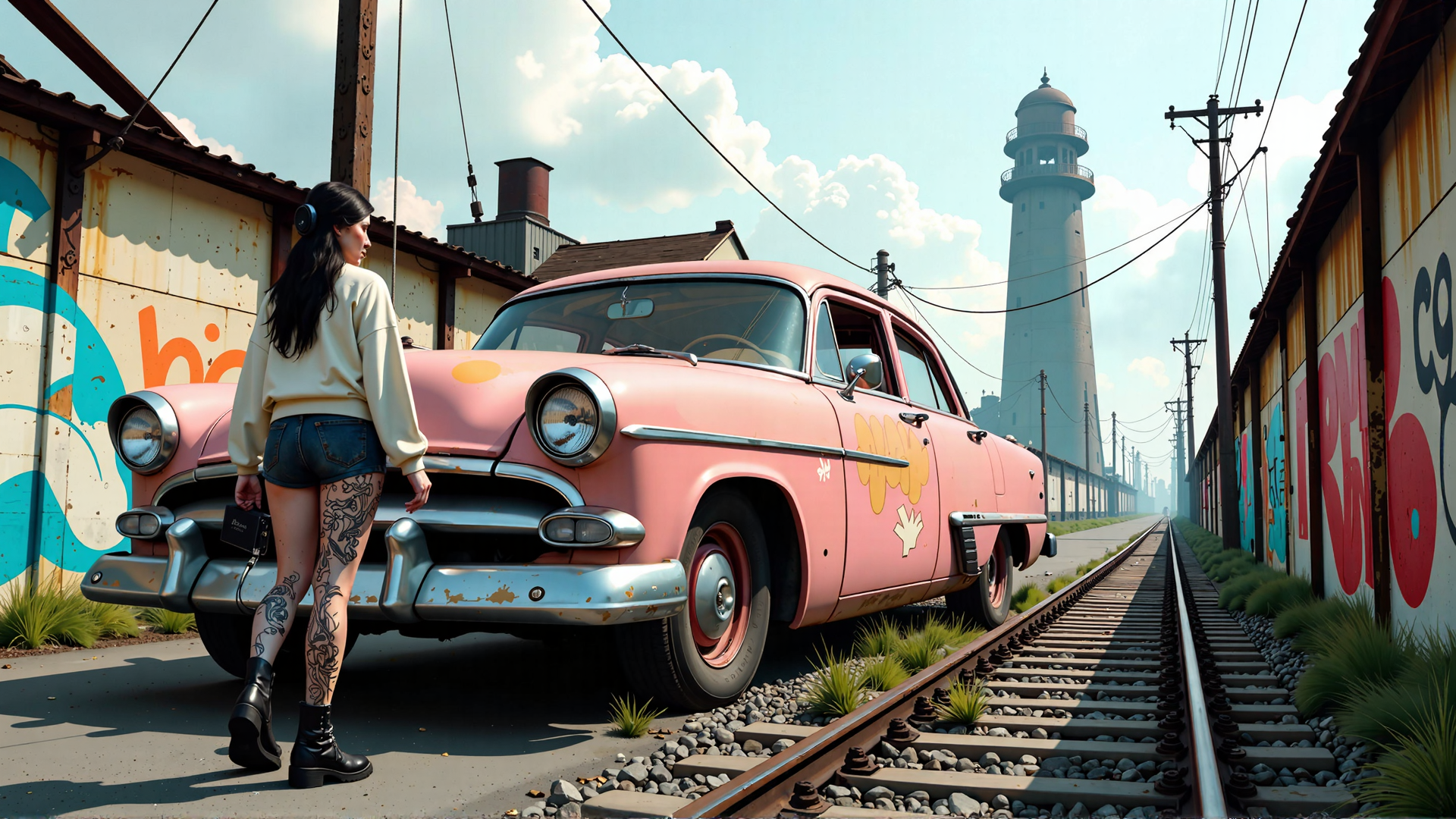 AI generated wallpaper featuring woman, car, train tracks, lighthouse, graffiti, tattoo, railroad, building, utility pole