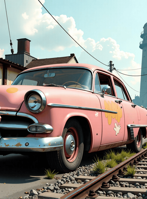woman, car, train tracks, lighthouse, graffiti, tattoo, railroad, building, utility pole