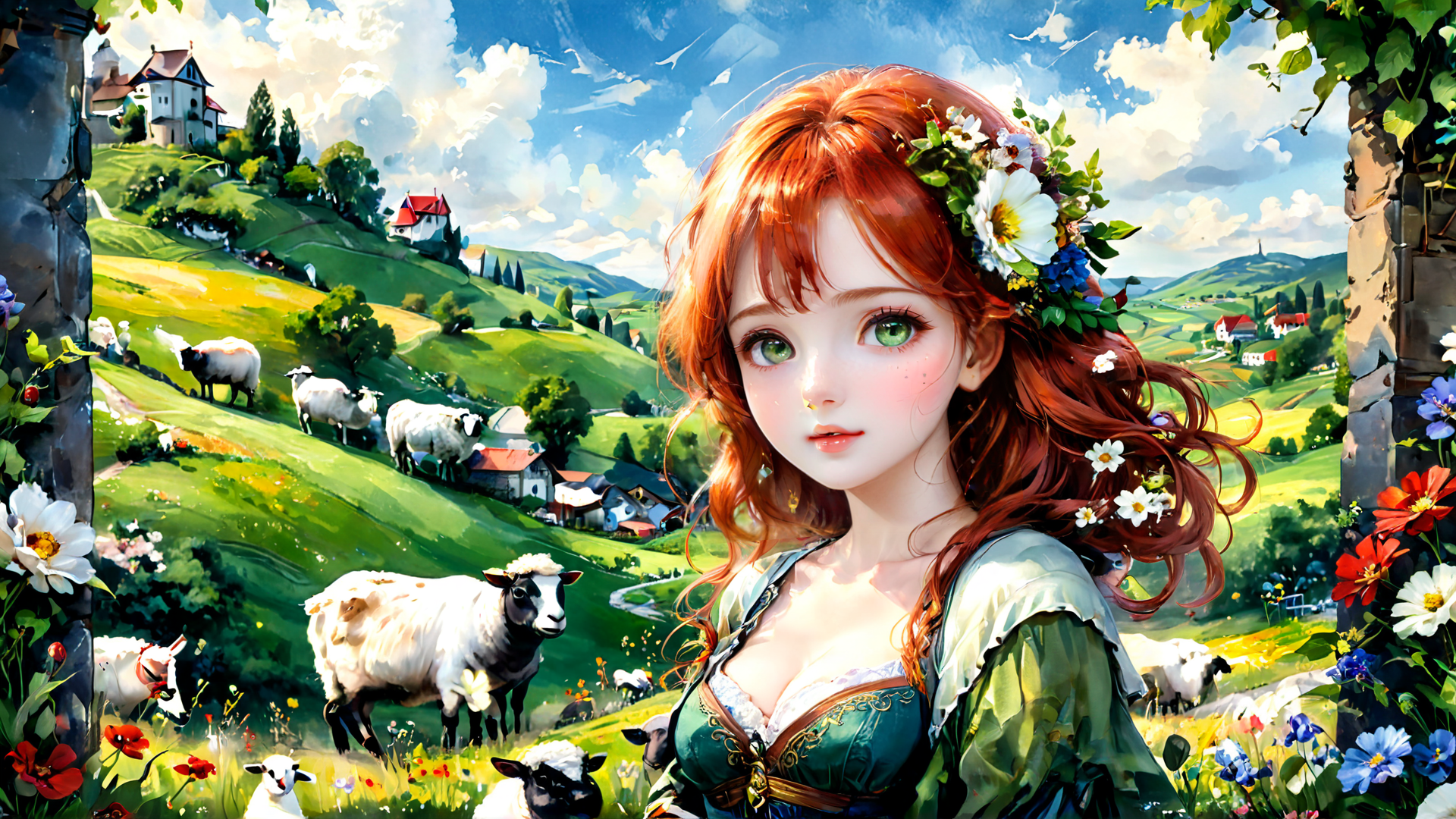 AI generated wallpaper featuring girl, sheep, landscape
