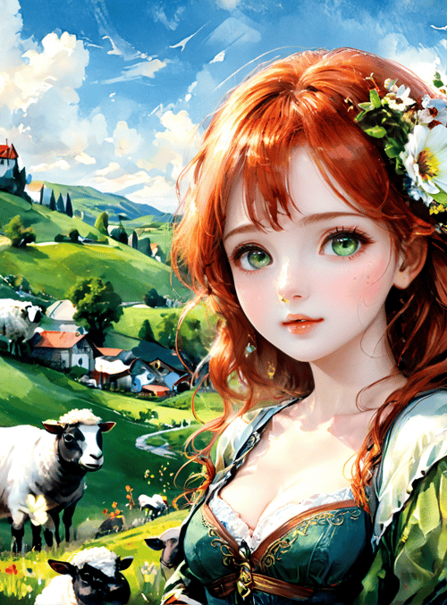 girl, sheep, landscape