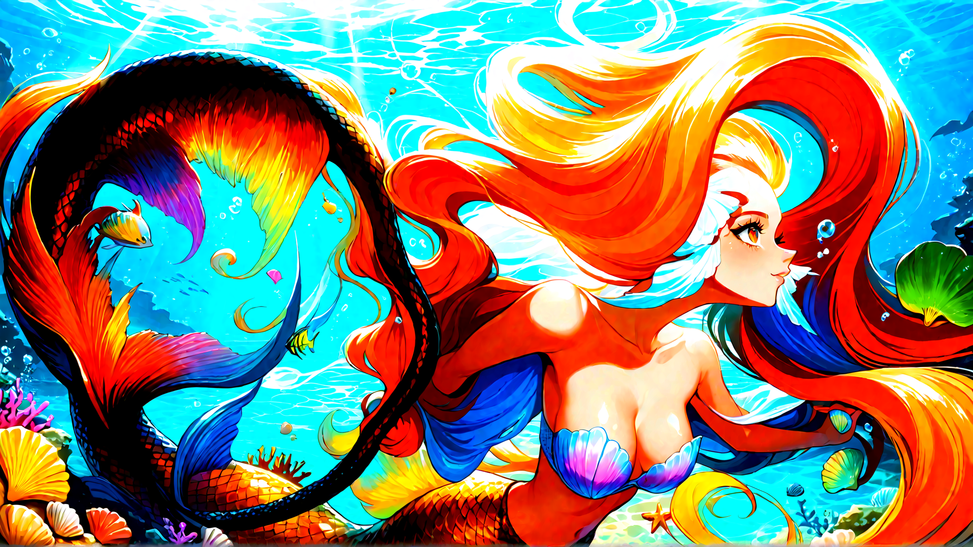 AI generated wallpaper featuring mermaid, fish, coral, seashell, starfish, bubble, scales, water, tropical, underwater