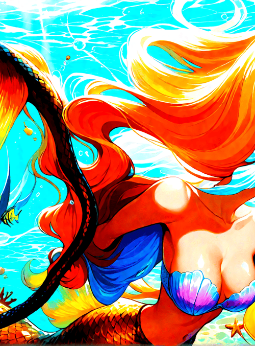 mermaid, fish, coral, seashell, starfish, bubble, scales, water, tropical, underwater