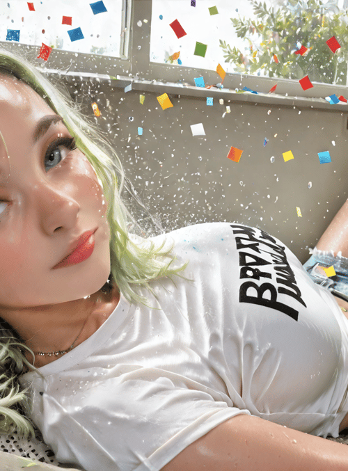 woman, confetti, shower, shorts, t-shirt, hair