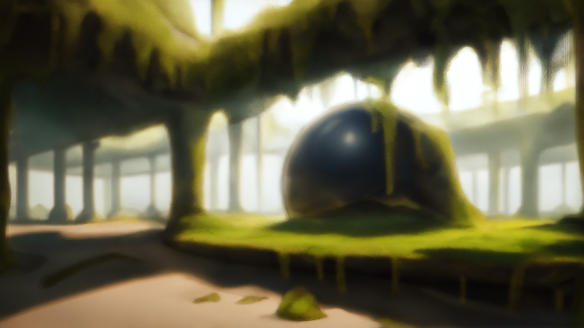 AI generated wallpaper featuring sphere, tree, columns