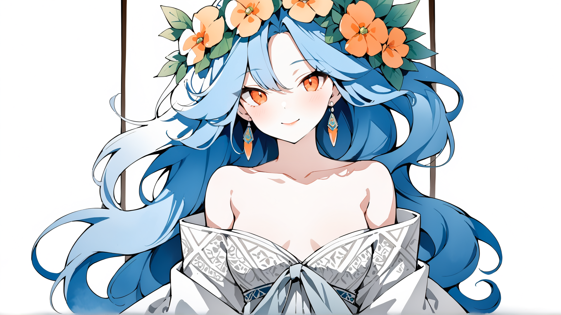 AI generated wallpaper featuring anime girl, flower crown, blue hair, dress, ears