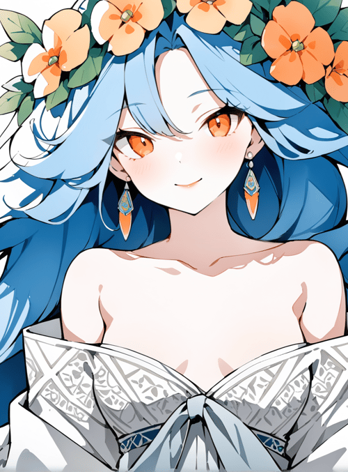 anime girl, flower crown, blue hair, dress, ears