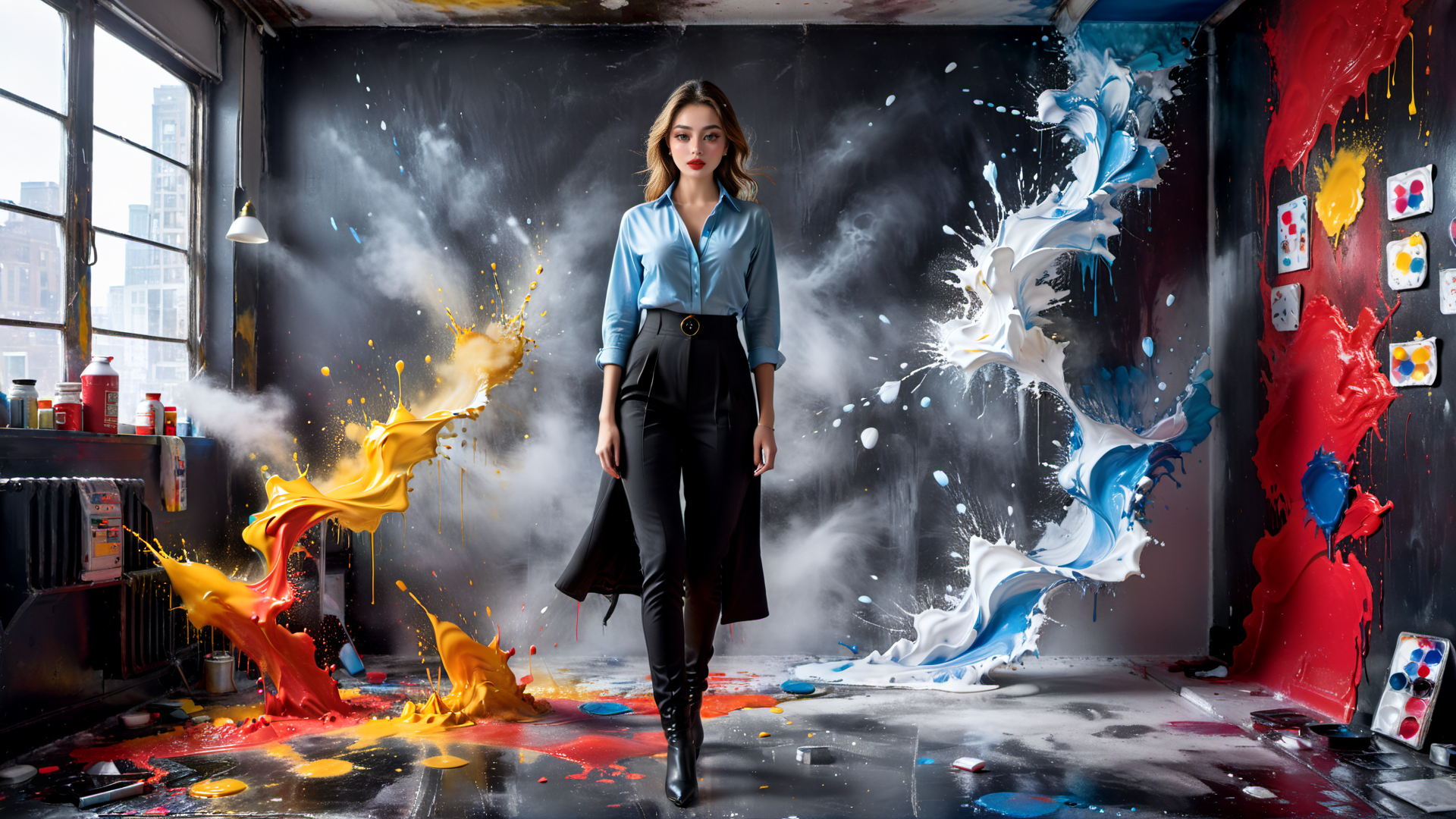 AI generated wallpaper featuring woman, paint, studio