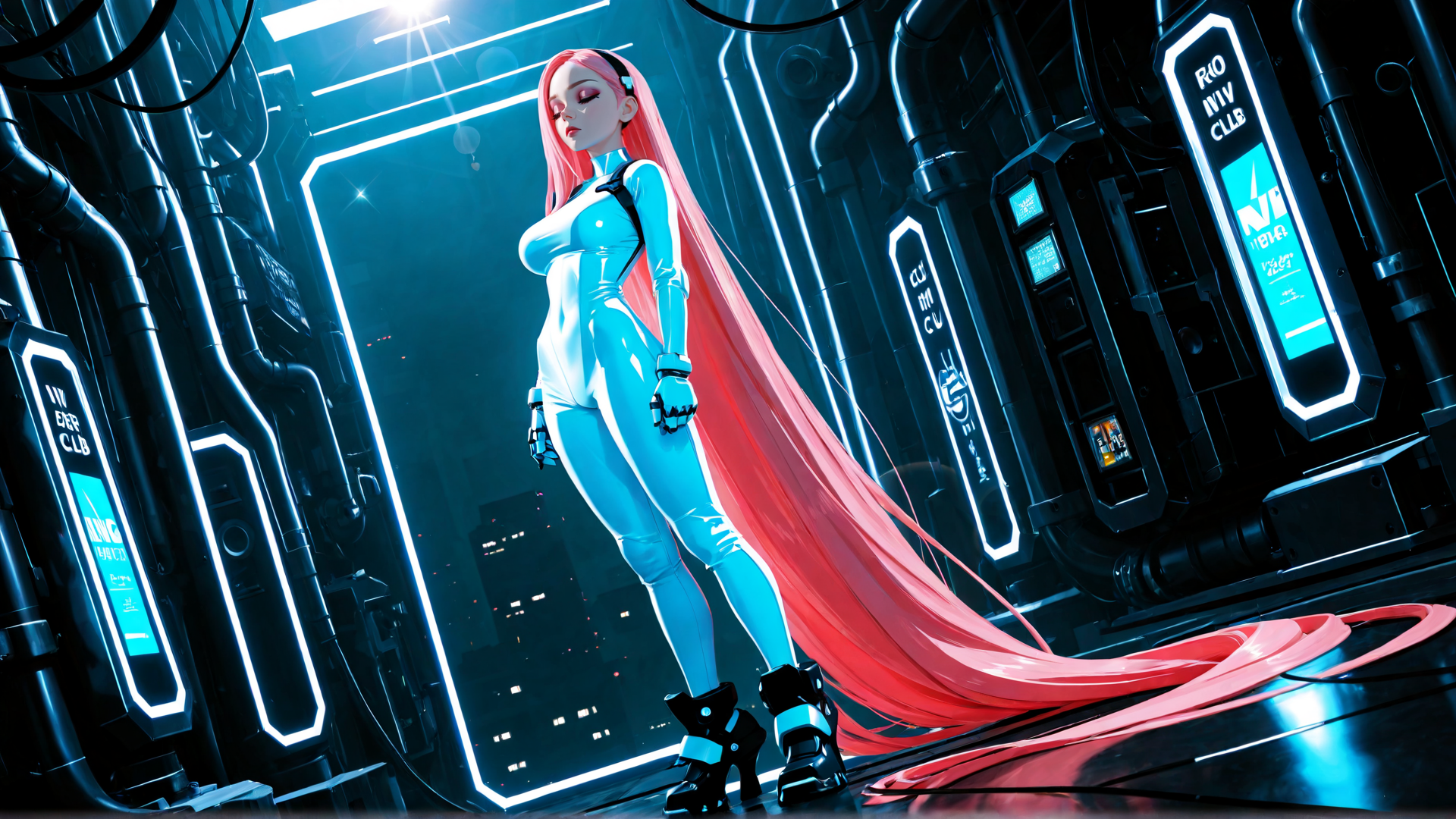 AI generated wallpaper featuring cyborg, woman, neon, futuristic, robot, character