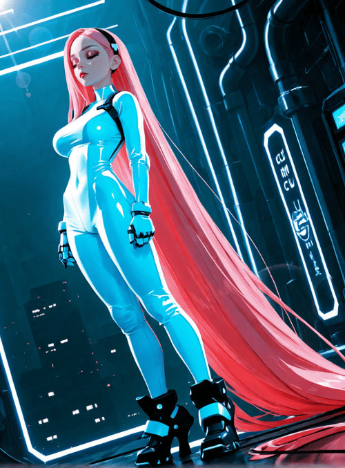 cyborg, woman, neon, futuristic, robot, character