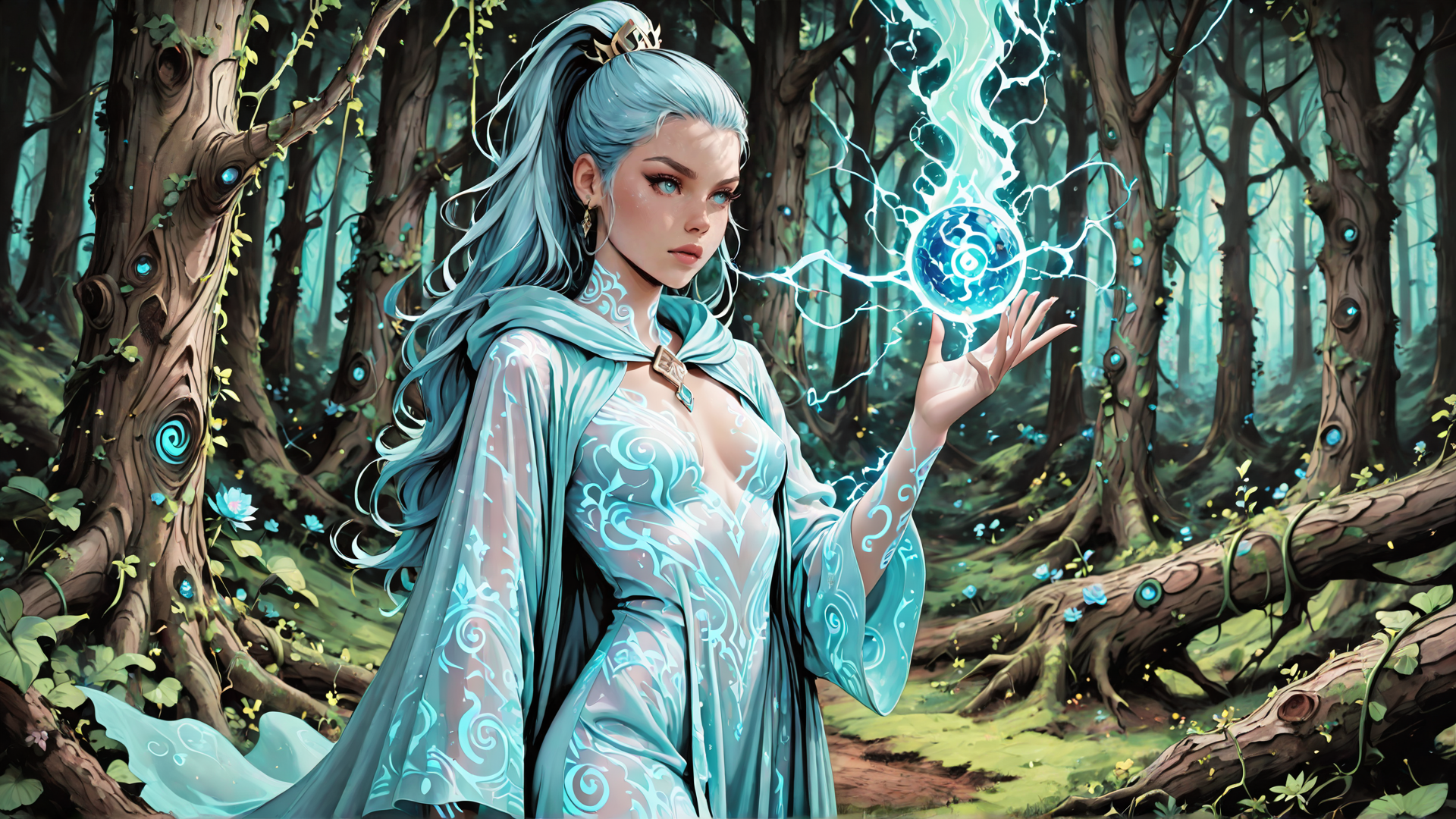 AI generated wallpaper featuring woman, forest, magic ball, tree, fairy, goddess, hooded robe, sparkles, blue hair, enchanted
