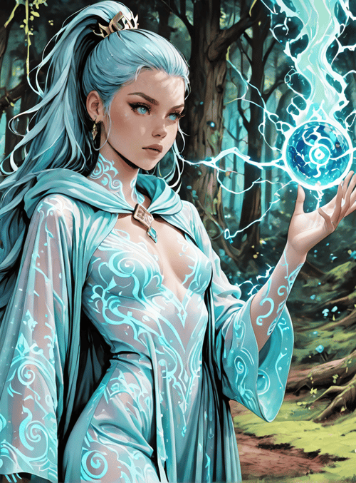 woman, forest, magic ball, tree, fairy, goddess, hooded robe, sparkles, blue hair, enchanted