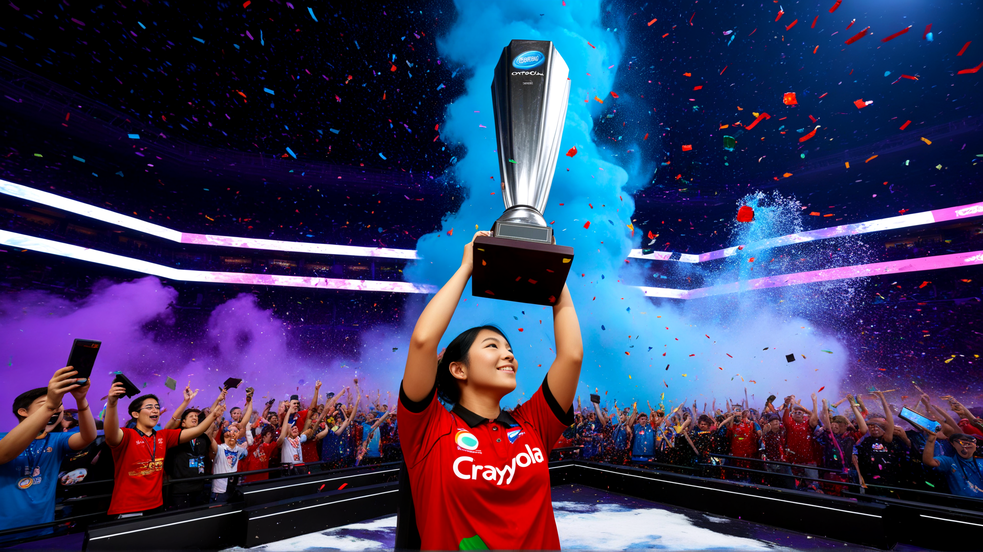 AI generated wallpaper featuring person, trophy, crowd, confetti, stage, lighting