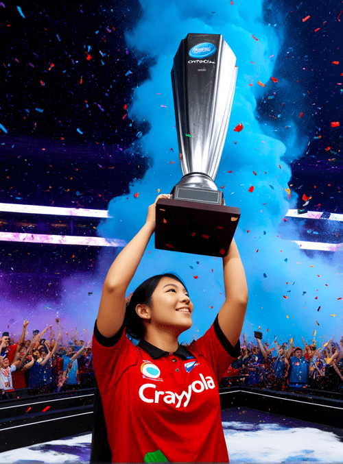 person, trophy, crowd, confetti, stage, lighting