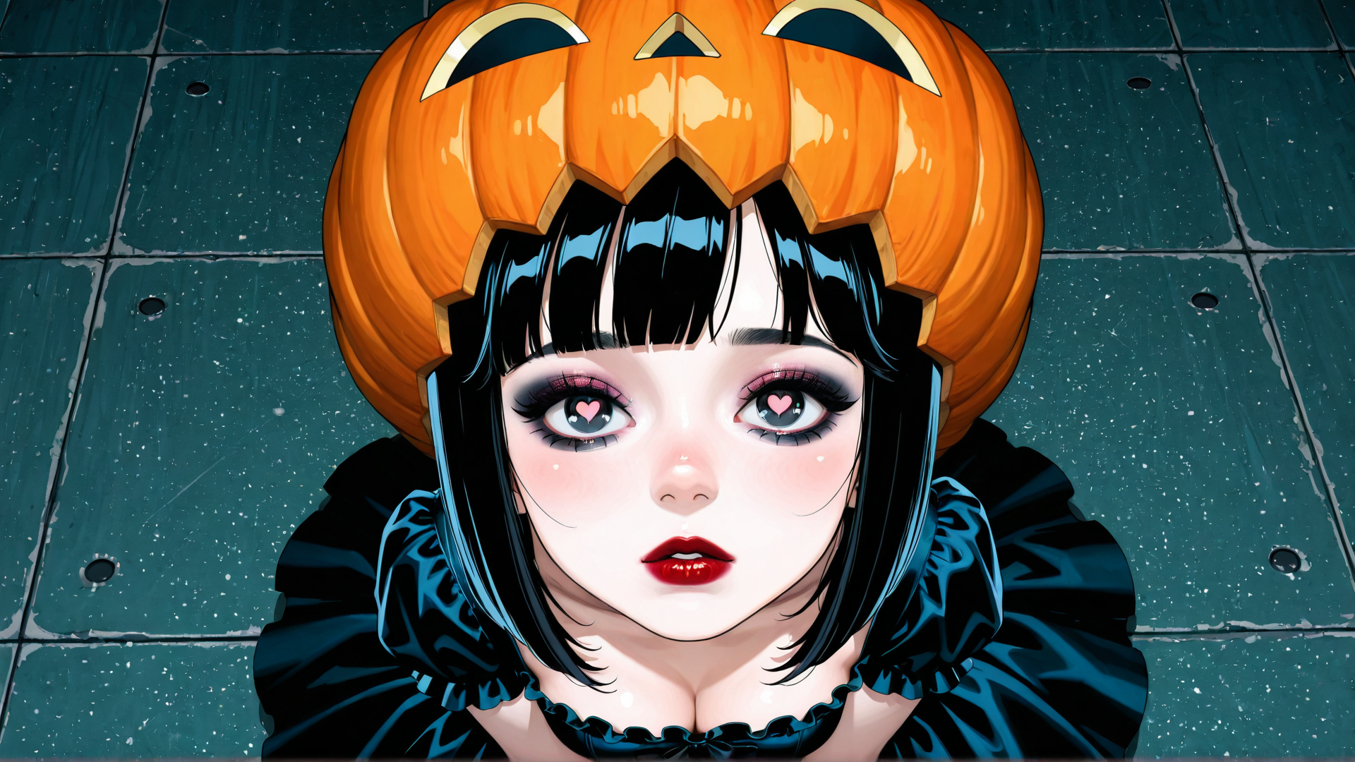 AI generated wallpaper featuring girl, pumpkin, costume, halloween, anime, character, headpiece, dress, hair, eyes