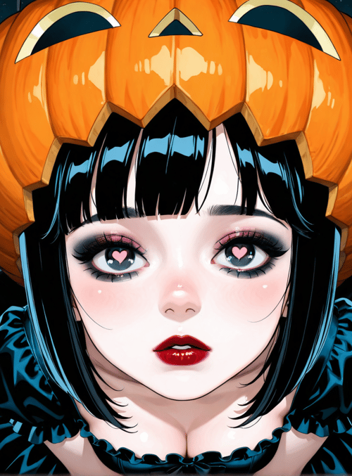 girl, pumpkin, costume, halloween, anime, character, headpiece, dress, hair, eyes