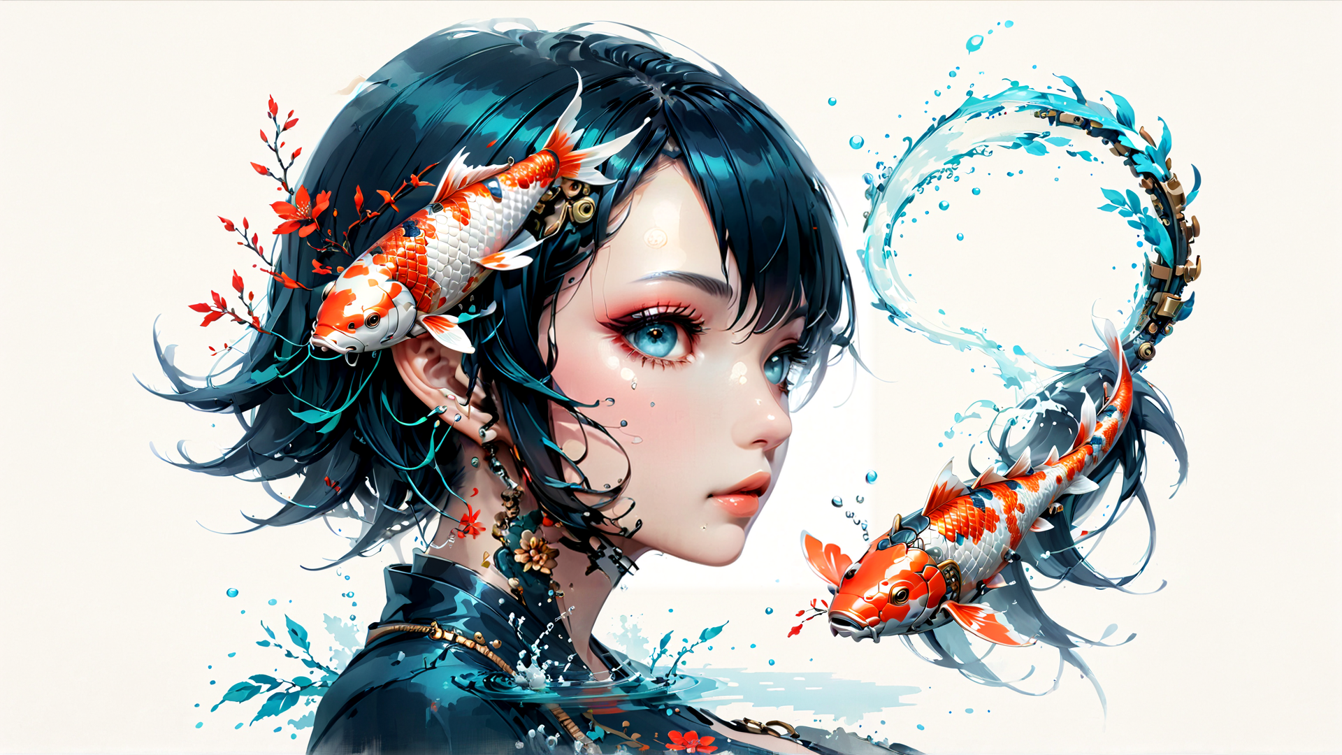 AI generated wallpaper featuring girl, koi fish, water, flowers, hair, jewelry