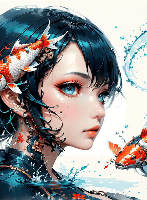 girl, koi fish, water, flowers, hair, jewelry