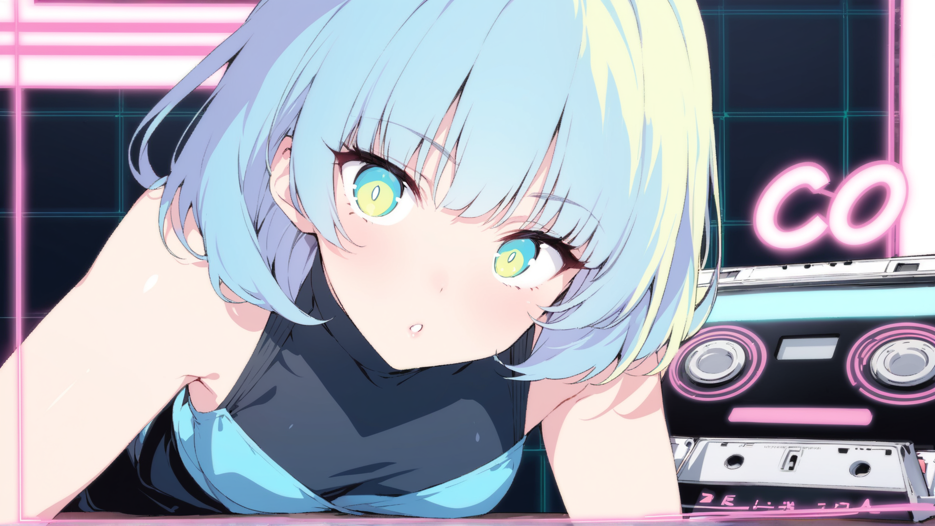 AI generated wallpaper featuring anime girl, cassette player, neon lights