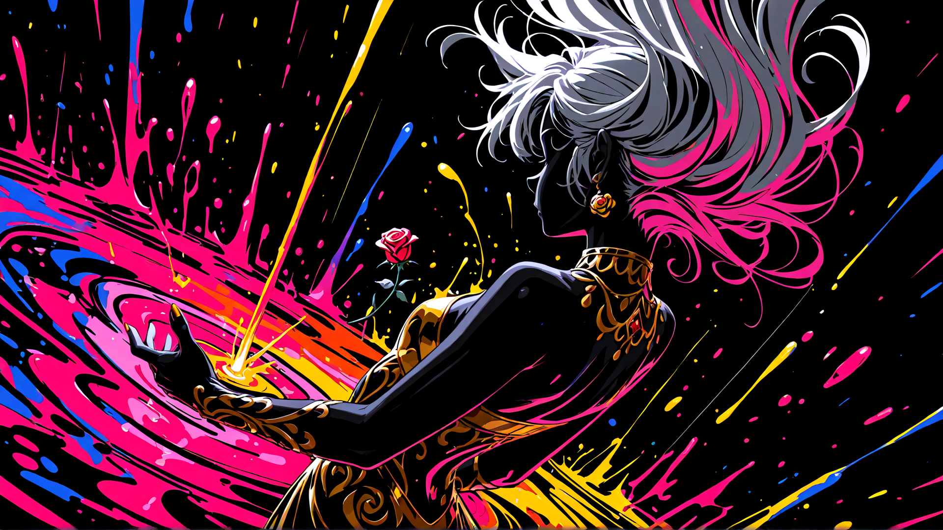 AI generated wallpaper featuring woman, rose, paint